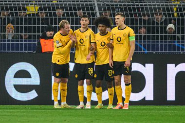 DORTMUND, GERMANY - 25 NOVEMBER, 2025: Julian Brandt, Aaron Anselmino, Karim Adeyemi, Nico Schlotterbeck - UEFA Şampiyonlar Ligi maçı Borussia Dortmund vs Villarreal CF.