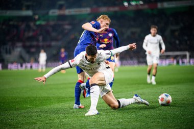 MOENCHENGLADBACH, ALMANY - 28 Kasım 2025: Tim Kleindienst, Nicolas Seiwald - 1. Bundesliga futbol maçı Borussia Moenchengladbach Borussia Park 'ta RB Leipzig' e karşı..