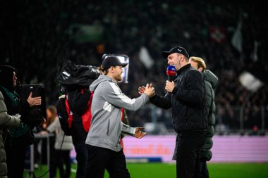 MOENCHENGLADBACH, ALMANY - 28 Kasım 2025: Ole Werner, Eugen Polanski - 1. Bundesliga futbol maçı Borussia Moenchengladbach Borussia Park 'ta RB Leipzig' e karşı..