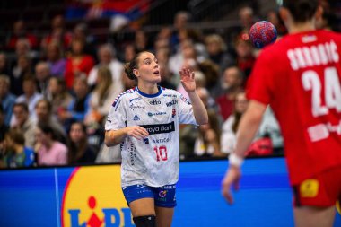 DORTMUND, GERMANY - 4 Aralık 2025: Suna Krossteig Hansen - Dünya Bayanlar Hentbol Şampiyonası 2025 Sırbistan 'ın Westfallenhalle' deki Faroe Adaları 'na karşı.