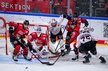 COLOGNE, ALMANY - 5 Aralık 2025: Hokey maçı DeL Koelner Haie - Lanxess Arena 'da Nurnberg Buz Kaplanları.