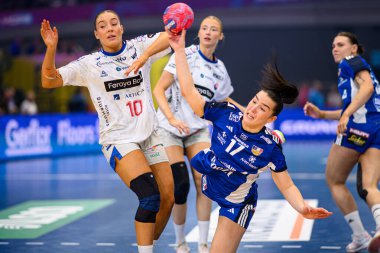 DORTMUND, GERMANY - 6 Aralık 2025: Suna Krossteig Hansen, Elin Klara Thorkelsdottir - Kadınlar Hentbol Dünya Şampiyonası 2025 Faroe Adası - Westfallenhalle Adası.