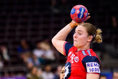 DORTMUND, GERMANY - 7 Aralık 2025: Ingstad Vilde Mortensen - Dünya Bayanlar Hentbol Şampiyonası 2025 Norveç ve Brezilya Westfallenhalle 'de karşı karşıya.