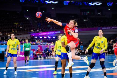 DORTMUND, GERMANY - 7 Aralık 2025: Ingstad Vilde Mortensen - Dünya Bayanlar Hentbol Şampiyonası 2025 Norveç ve Brezilya Westfallenhalle 'de karşı karşıya.