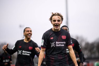LEVERKUSEN, GERMANY - 10 ARALIK, 2025: Ferdinand Pohl - Bayer 04 Leverkusen UEFA Gençlik Ligi futbol maçı Bayena United Newcastle United 'a karşı.