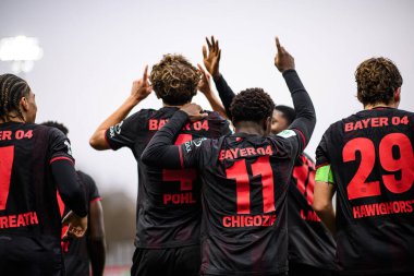 LEVERKUSEN, GERMANY - 10 ARALIK, 2025: Ferdinand Pohl, gol - UEFA Gençlik Ligi Bayer 04 Leverkusen-Newcastle United maçında Bayena United.