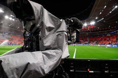 LEVERKUSEN, GERMANY - 10 DECEMBER, 2025: Broadcasting camera, waterresist cover - UEFA Champions League, match Bayer 04 Leverkusen vs Newcastle United at BayArena.