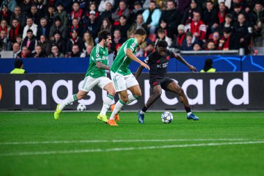 LEVERKUSEN, GERMANY - 10 DECEMBER, 2025: Ernest Poku, Sandro Tonali, Malick Thiaw - UEFA Champions League, match Bayer 04 Leverkusen vs Newcastle United at BayArena.