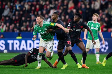 LEVERKUSEN, GERMANY - 10 DECEMBER, 2025: Christian Kofane, Dan Burn, Edmond Tapsoba - UEFA Champions League, match Bayer 04 Leverkusen vs Newcastle United at BayArena.