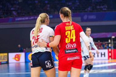 DORTMUND, Almanya - 9 Aralık 2025: Reistad Henny Ella, Tatjana Brnoviç - Dünya Bayanlar Hentbol Şampiyonası 2025 Norveç ve Karadağ Westfallenhalle 'de karşı karşıya.