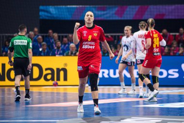 DORTMUND, GERMANY - 9 Aralık 2025: Djurdjina Jaukoviç - Dünya Bayanlar Hentbol Şampiyonası 2025 Norveç ve Karadağ Westfallenhalle 'de karşı karşıya.