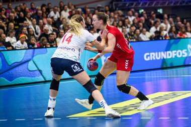 DORTMUND, GERMANY - 9 ARALIK 2025: - 2025 Dünya Bayanlar Hentbol Şampiyonası Norveç Karadağ 'a karşı Westfallenhalle' de.