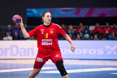 DORTMUND, GERMANY - 9 Aralık 2025: Djurdjina Jaukoviç - Dünya Bayanlar Hentbol Şampiyonası 2025 Norveç ve Karadağ Westfallenhalle 'de karşı karşıya.