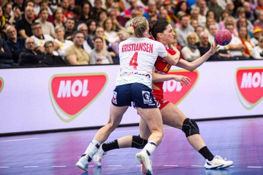 DORTMUND, GERMANY - 9 Aralık 2025: Kristiansen Veronica Egebakken, Jelena Vukceviç - Kadınlar Hentbol Dünya Şampiyonası 2025 Norveç ve Karadağ Westfallenhalle 'de karşı karşıya.