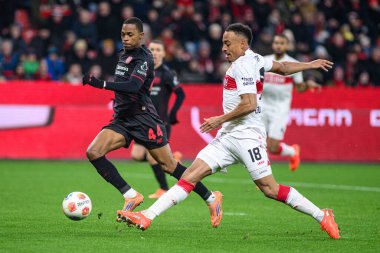 LEVERKUSEN, ALMANY - 10 HAZİRAN, 2026: gol, Jamie Leweling, Jeanuel Belocian - 1. Bundesliga maçı Bayer 04 Leverkusen, Bayarena 'da Vfb Stuttgart' a karşı..