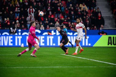 LEVERKUSEN, ALMANY - 10 HAZİRAN, 2026: Alejandro Grimaldo, Josha Vagnoman, Alexander Nuebel - 1. Bundesliga maçı Bayer 04 Leverkusen, Bayarena 'da Vfb Stuttgart' a karşı..