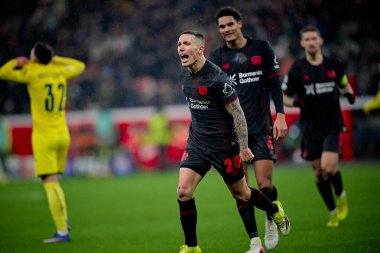 LEVERKUSEN, GERMANY - 28 HAZİRAN, 2026: Alejandro Grimaldo, gol - Bayer 04 Leverkusen ile Villareal FC arasında oynanan UEFA Şampiyonlar Ligi futbol maçı.