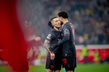 LEVERKUSEN, GERMANY - 28 JANUARY, 2026: Alejandro Grimaldo, Malik Tillman - Bayer 04 Leverkusen ile Villareal FC arasında oynanan UEFA Şampiyonlar Ligi futbol maçı.