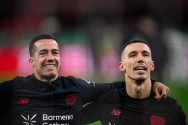LEVERKUSEN, GERMANY - 3 Şubat 2026: Lucas Vazquez, Alejandro Grimaldo, DFB Pokal maçı Bayer 04 Leverkusen - St. Pauli