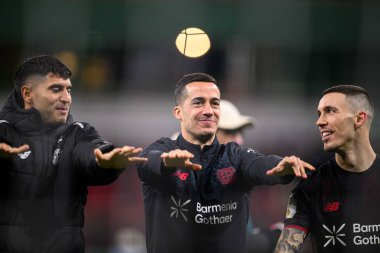 LEVERKUSEN, GERMANY - 3 Şubat 2026: Exequiel Palacios, Lucas Vazquez, Alejandro Grimaldo, DFB Pokal maçı Bayer 04 Leverkusen-St. Pauli maçında