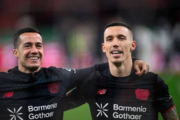 LEVERKUSEN, GERMANY - 3 Şubat 2026: Lucas Vazquez, Alejandro Grimaldo, DFB Pokal maçı Bayer 04 Leverkusen - St. Pauli