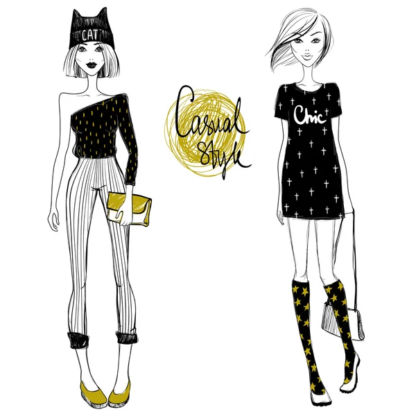 Linda moda vectorial niñas. Chicas de sketch. Chicas Hipster. Moda — Vector de stock