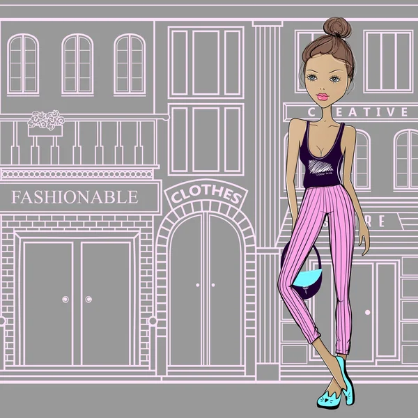 Gadis mode di jalanan Paris, berjalan ke toko-toko. Manis sekali. - Stok Vektor