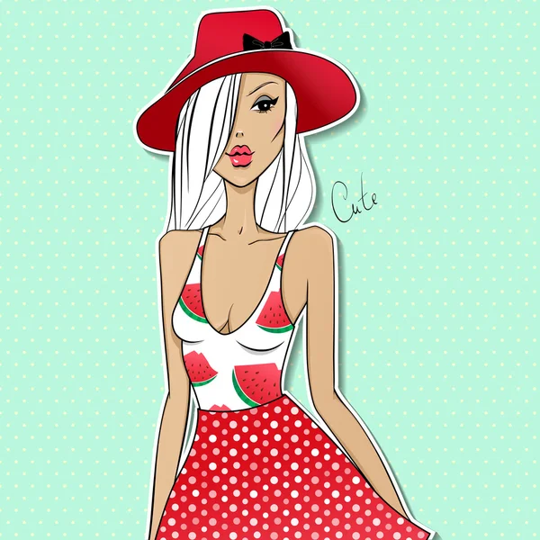 Chica del bosquejo vectorial. Divertido personaje de dibujos animados. Modelo de moda. Suma — Vector de stock