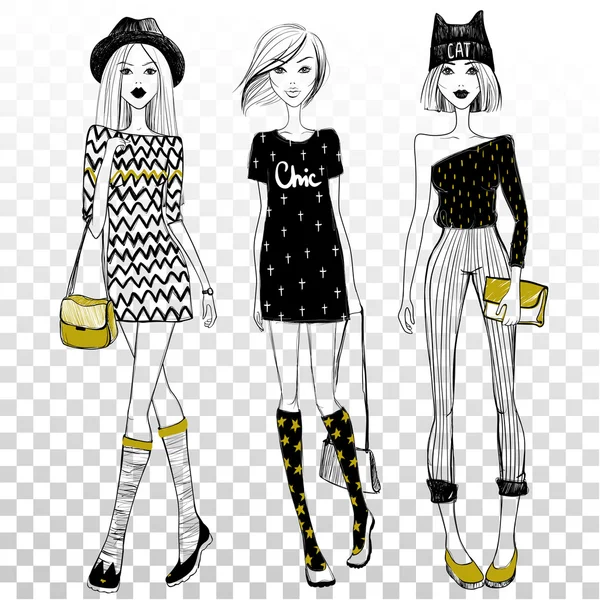 Set de vectores con hermosas chicas de moda sobre fondo transparente.Modelos de moda. Adolescentes jóvenes — Archivo Imágenes Vectoriales