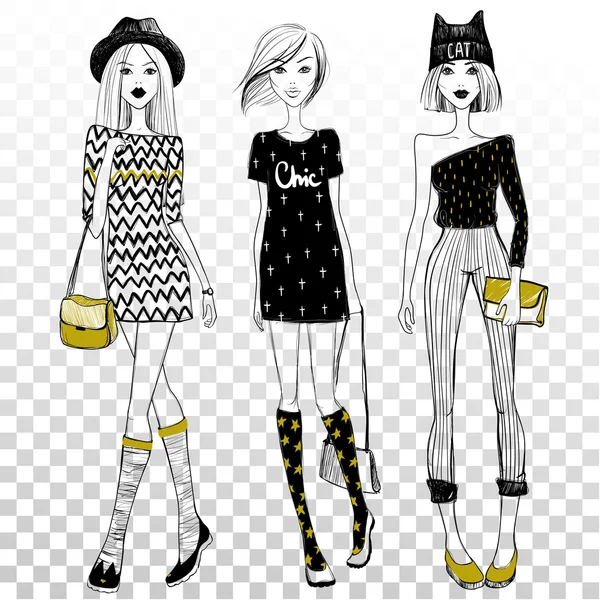 Vector set met mooie modieuze meisjes op transparante achtergrond. Fashion modellen. Jonge tieners — Stockvector