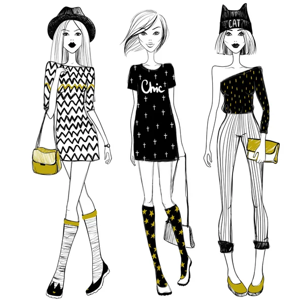 Vector beautiful fashionable girls. Cute girls set. Fashion mode — Stock Vector