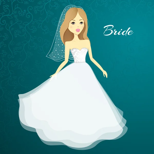 Schöne Mädchen in einem Hochzeitskleid. Vektor Cartoon Braut. Hochzeit — Stockvektor