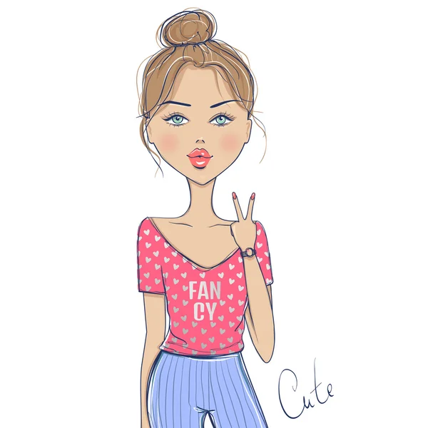 Linda chica vector. Ilustración de dibujos animados en estilo Sketch . — Vector de stock