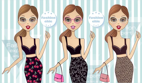 Young pretty woman. Collection of the girl in various outfits. — Stockvector