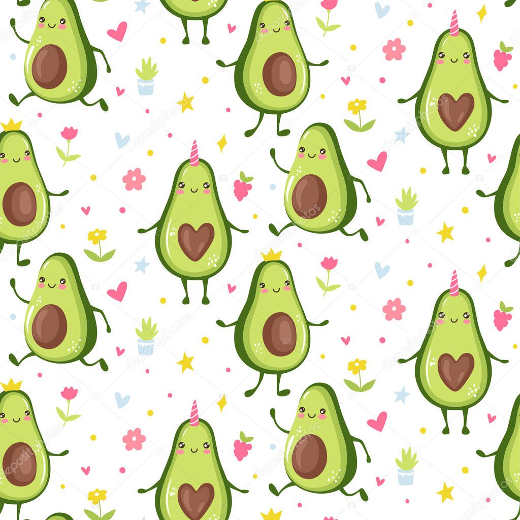 Cute avocado seamless patetrn. Cartoon funny background or print. Kawaii design. Vector Fruit illustration.