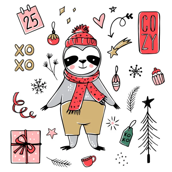 Słodki leniwiec, kolekcja Wesołych Świąt. Wektorowe zabawne ilustracje na zimowe wakacje. Doodle leniwe leniwce niedźwiedzie z szalikiem, pudełko na prezenty, kapelusz. Szczęśliwego Nowego Roku i Boże Narodzenie zwierząt zestaw — Wektor stockowy