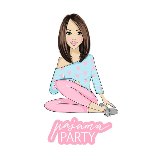 Pajama party vector illustration with beautiful young brunette woman. Poster, cover or banner for a fun event. — Stock Vector