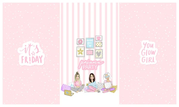 Pajama party stories template for social media, networks. Vector illustration with beautiful young women, girls, teenagers. — Stock Vector