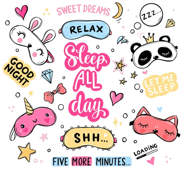 Sleep masks and quotes vector set. Lettering phrases good night, sweet dreams, sleep all day isolated. — Stock Vector