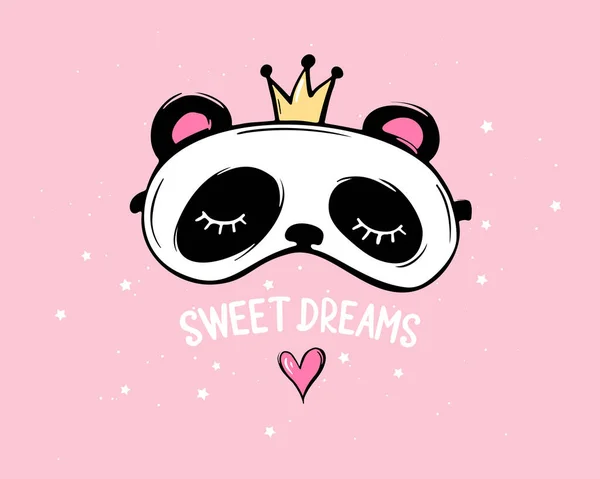 Panda drăguț cu coroană și ochi închiși. Dulce scrisori de vise. Mască de somn. Petrecere pijama — Vector de stoc