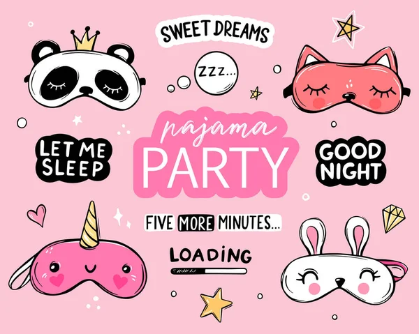 Sleep masks and quotes vector set. Lettering phrases good night, sweet dreams, sleep all day. Blindfold classic and animal shaped — Stock Vector