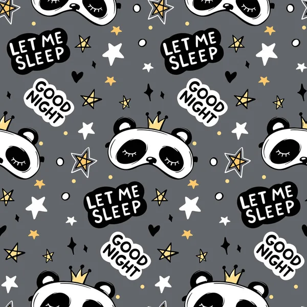 Taçlı uyku maskeli Şirin Panda 'nın kusursuz çizimi, iyi geceler yazısı. — Stok Vektör