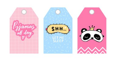 Uyku maskeleri ve alıntıları olan şirin vektör etiketleri. Vektör kartı koleksiyonu. Gözbağı klasiği ve panda şeklinde. Etiketler, göz maskeli rozetler