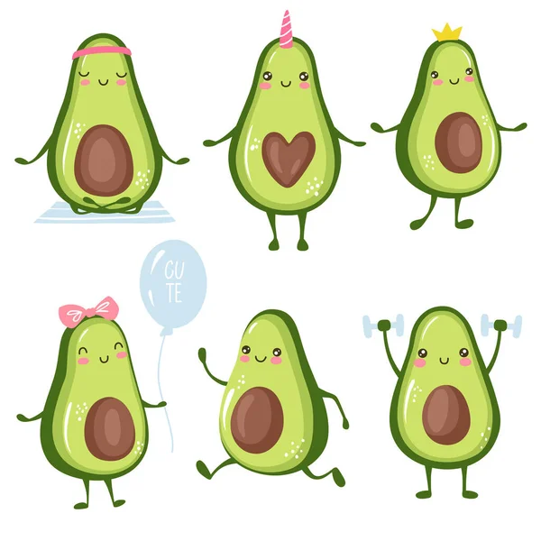 Cartoon-Avocado-Figuren beim Sport, Cardio-Training, Yoga, Workout, niedliche Prinzessin, Einhorn und verliebte Paare. Lustige Früchte — Stockvektor