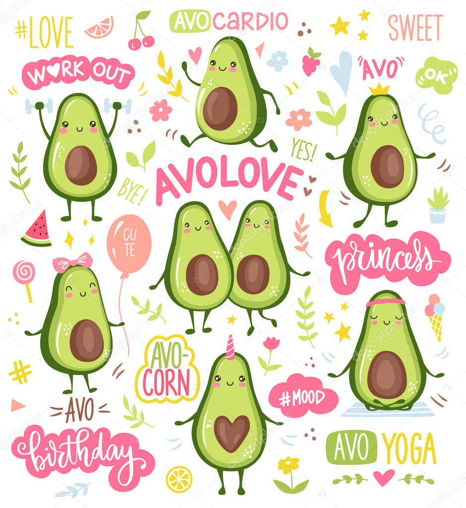 Cartoon avocado characters doing sport, cardio training, yoga, workout, cute princess, unicorn and couple in love. Funny fruits