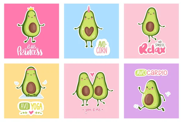 Personagens de abacate de desenhos animados. Coleção de frutas engraçadas isolado no fundo branco. Ilustração vetorial de Kawaii. — Vetor de Stock