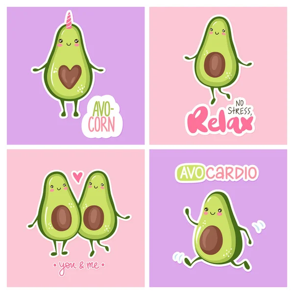 Söt, tecknad avokado tecken kort med Avokado. Roliga affischer. Kawaii vektor illustration. Lyckliga frukter. — Stock vektor