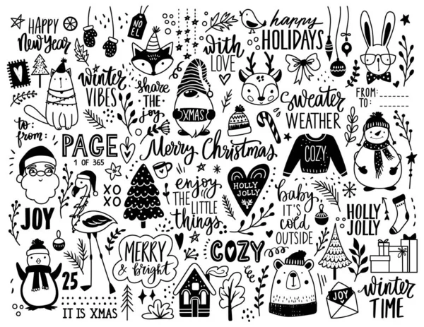 Christmas hand drawn doodle illustration. Xmas, Happy new Year set in sketch style. Santa Claus, animals, lettering, gnome, snowman. — Stock Vector