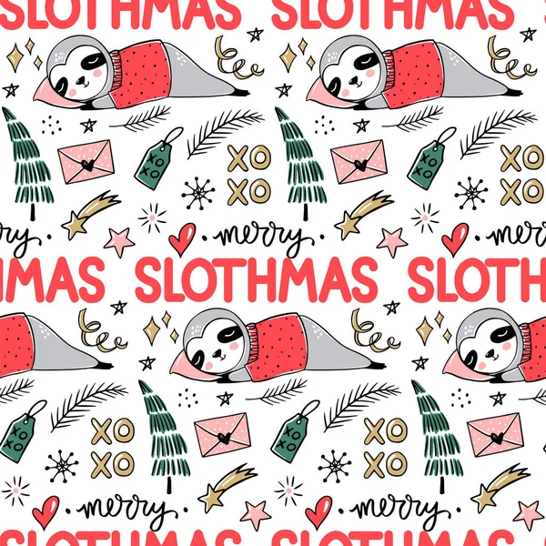 Cute Sloth bezszwowy wzór, zima przytulne tło. Doodle leniwy leniwiec spać z brzydki sweter, choinka. — Wektor stockowy