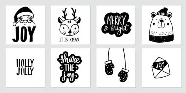 Noel Baba, bebek geyik, sevimli ayı, eldiven ve harflerle süslenmiş Noel afişleri. Mutlu yıllar ve Xmas vektör koleksiyonu